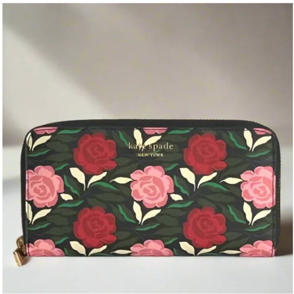 Kate Spade Morgan Large Continental Wallet Black Pink Floral Roses - Picture 1 of 7